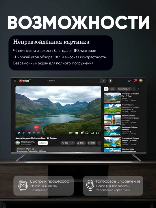 Телевизор WellStars смарт 32", 43", 55", 70", пульт с голосовым поиском