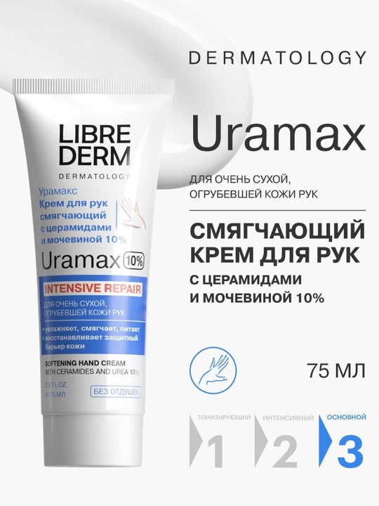 LIBREDERM URAMAX смягчающий крем для рук с церамидами и мочевиной 10%, 75 мл - 