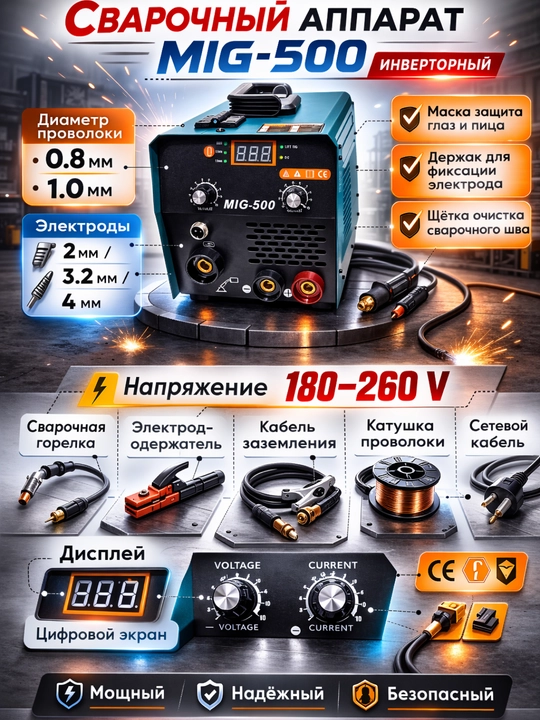 Payvandlash apparati, yarim avtomatik, gazsiz, MIG-500, invertor - 