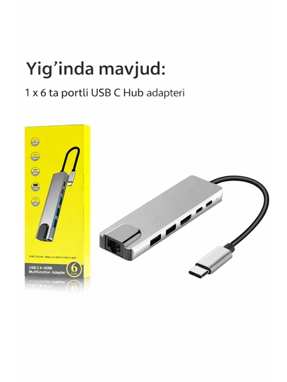 Адаптер-концентратор 6-в-1 USB-C, HDMI 4K, USB 3.0 RJ45 LAN, Type-C PD для ноутбуков и Mac