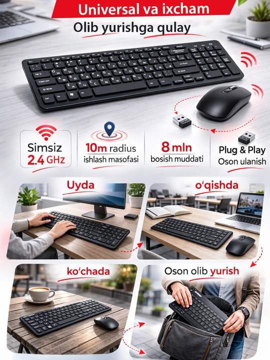 Simsiz klaviatura va sichqoncha GKM520, 10 m masofa bluetooth, ultra yupqa, shovqinsiz  - 