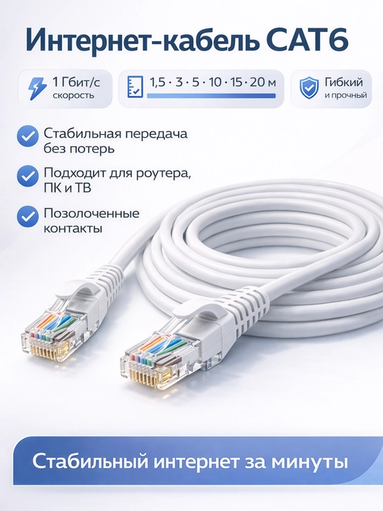 Кабель для Wi-Fi, патч-корд, кабель LAN UTP Cat6, 1,5 м, 3 м, 5 м, 10 м, 15 м, 20 м,кабель - 