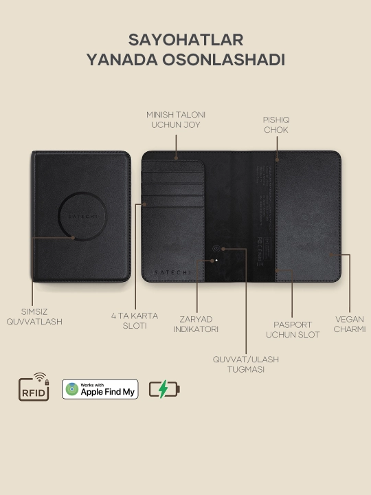 Satechi FindAll™ pasport g‘ilofi, o‘rnatilgan trekerli,charm,AirTag analogi, iPhone uchun