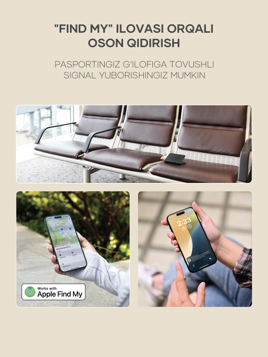 Satechi FindAll™ pasport g‘ilofi, o‘rnatilgan trekerli,charm,AirTag analogi, iPhone uchun