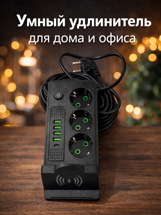 Умный удлинитель 3 розетки 4 USB 1 Type-C 2500W быстрая зарядка - 