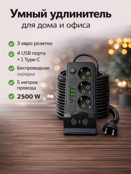 Умный удлинитель 3 розетки 4 USB 1 Type-C 2500W быстрая зарядка