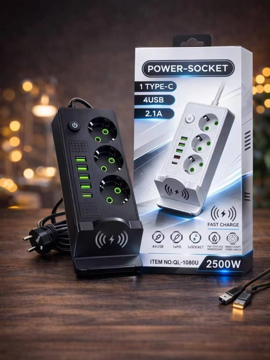 Умный удлинитель 3 розетки 4 USB 1 Type-C 2500W быстрая зарядка