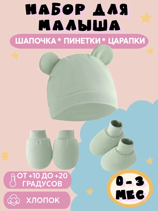 Шапочка, пинетки и рукавички для новорожденного малыша, набор - 