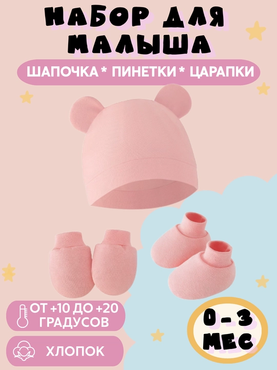 Шапочка, пинетки и рукавички для новорожденного малыша, набор - 