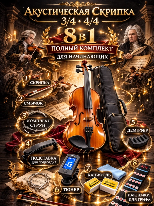 4/4 Akustik skripka, 8 ta 1 to'plamda