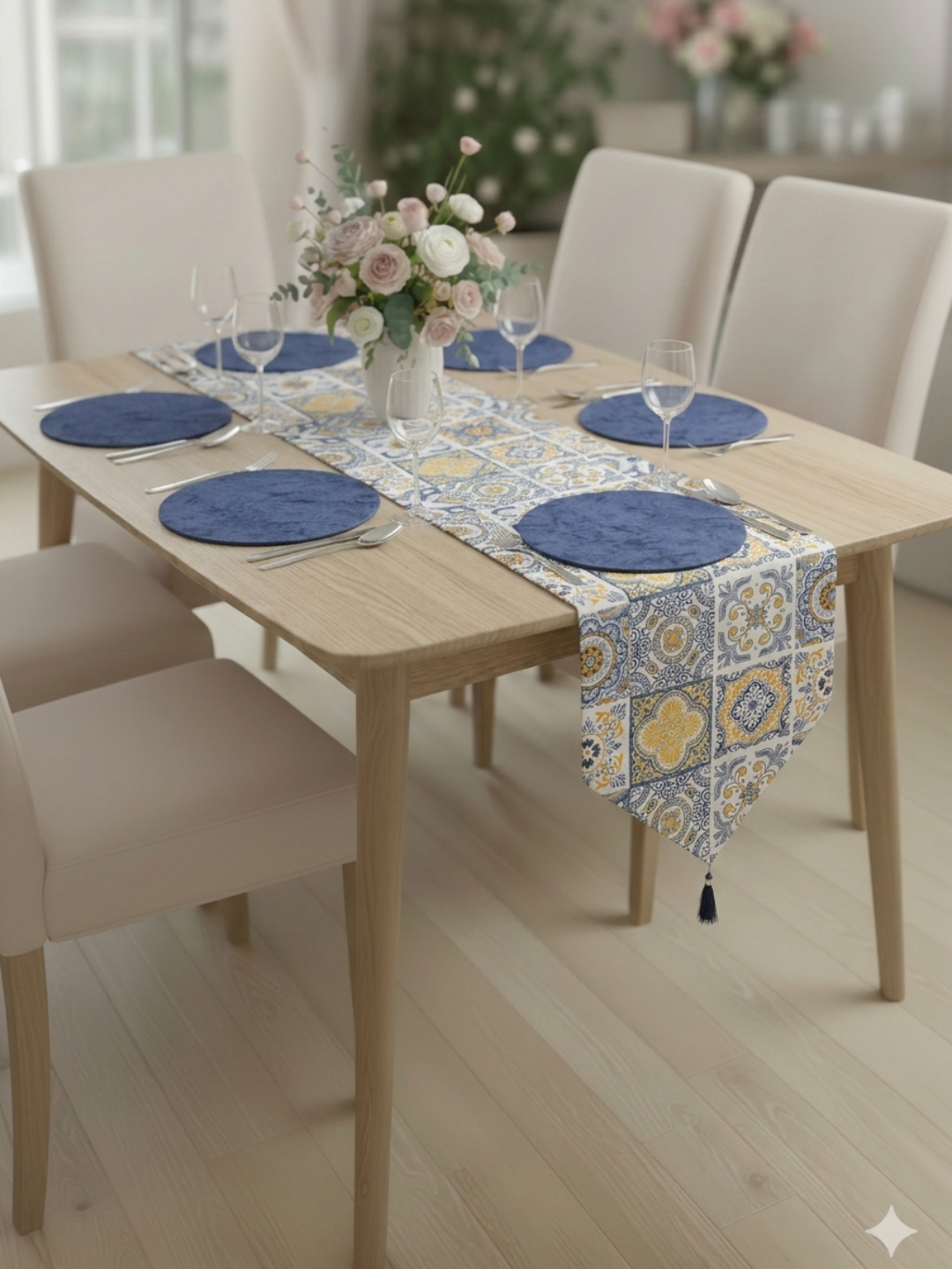 Turkiya Duck matodan Ranner 177x40 sm va tarelka uchun 31 smli bezakli va raner, dasturxon - 