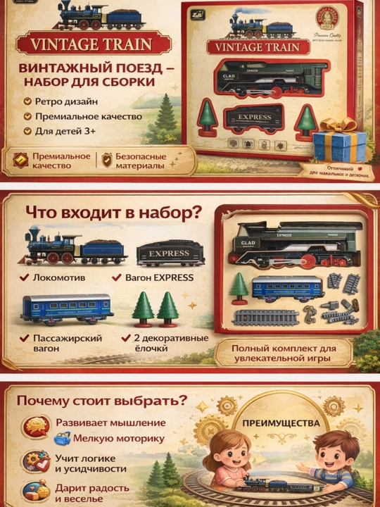 Винтажный поезд игрушка,детский поезд набор сборки,игрушечный поезд 3+