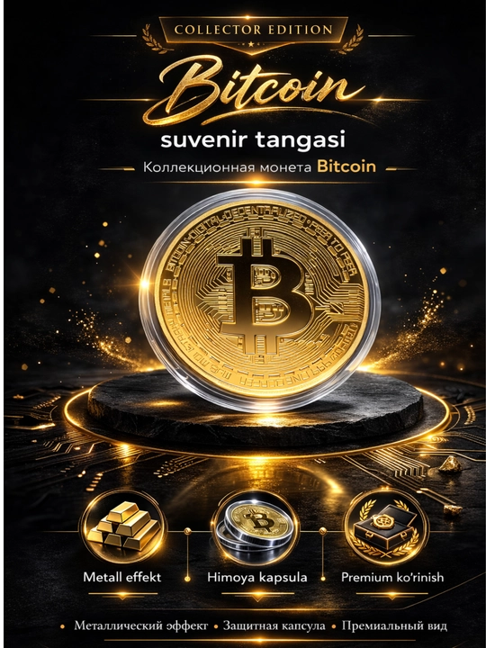 Bitcoin suvenir tangasi plastik idishda