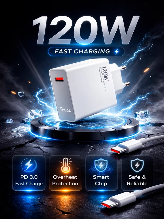 120W USB-C Power tezkor zaryad adapteri iPhone va smartfonlar uchun himoya tizim bilan