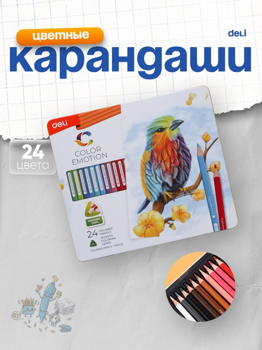 Цветные карандаши, 24 цвета, металлическая коробка, Deli 00225 - 