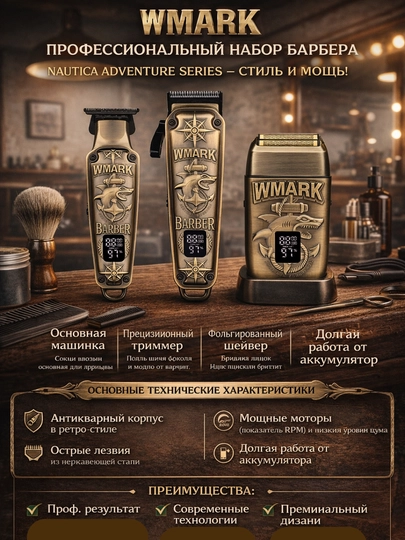 WMARK All-in-One набор барбер-машинки, для стрижки волос, бороды и усов сет для стайлинга — EXHOME-WMARK3-ЗОЛХАКИ