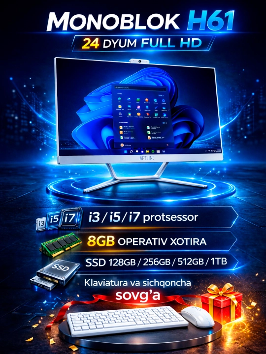 Monoblok 24 dyum, Full HD, i3,i5,i7 8 GB RAM, SSD 1TB Windows 10, klaviatura + sichqoncha