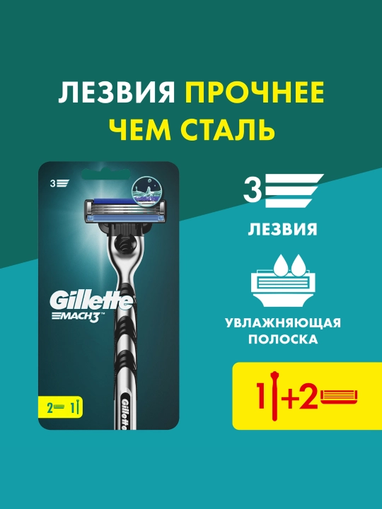 Gillette Mach3 Бритва, 3 лезвия, прочнее стали, для точного бритья - 