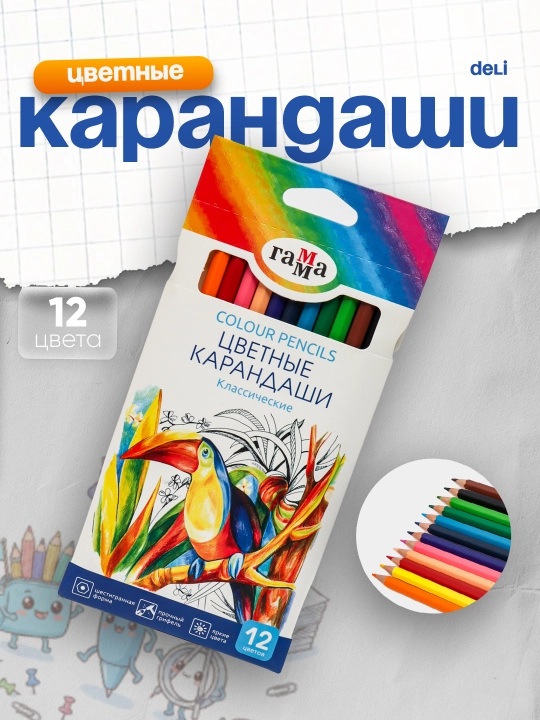 Карандаши цветные "Классические", 12 цветов, заточенные, картонная упаковка, европодвес - 