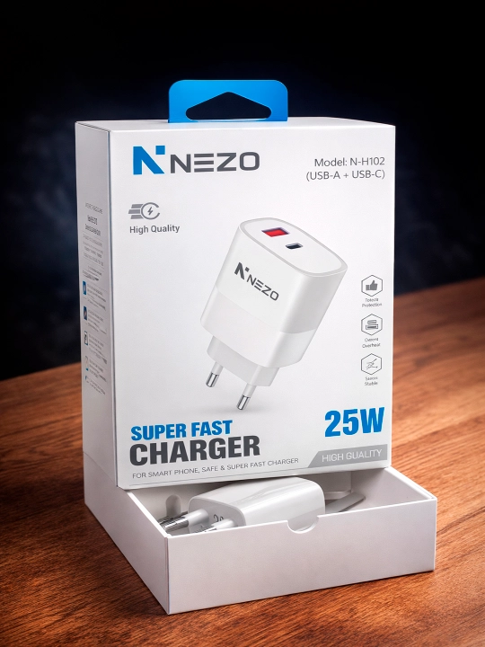 25 W USB-C Power tezkor zaryad adapteri iPhone va smartfonlar uchun himoya tizim bilan - 