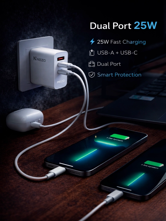 25 W USB-C Power tezkor zaryad adapteri iPhone va smartfonlar uchun himoya tizim bilan
