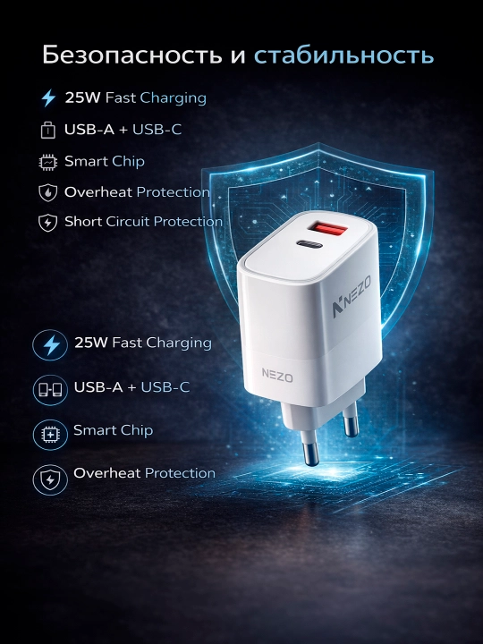 25 W USB-C Power tezkor zaryad adapteri iPhone va smartfonlar uchun himoya tizim bilan