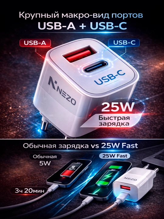 25 W USB-C Power tezkor zaryad adapteri iPhone va smartfonlar uchun himoya tizim bilan