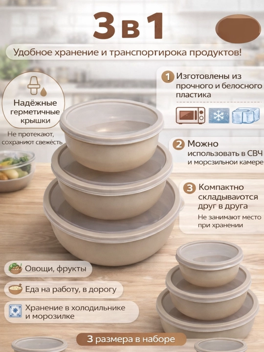Набор из 3 контейнеров для хранения продуктов, с герметичной крышкой, для кухни