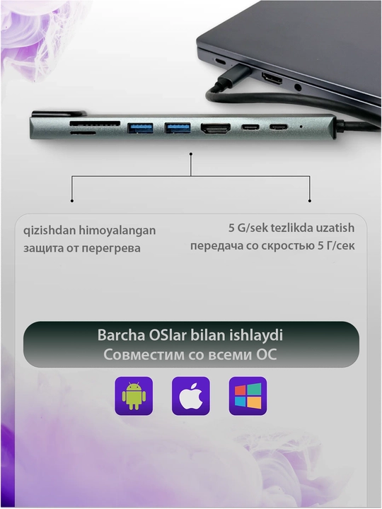 8 ta portli USB Type-C xab, Type C - USB Splitter, Rj45, HDMI, PD, MicroSD, SD
