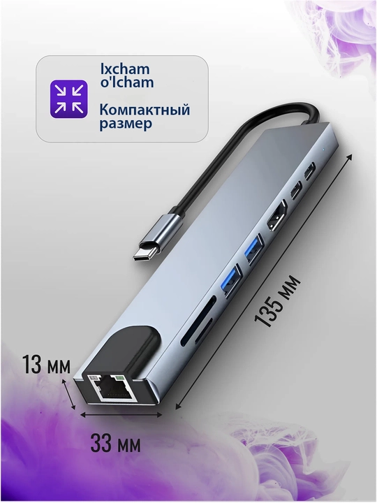 8 ta portli USB Type-C xab, Type C - USB Splitter, Rj45, HDMI, PD, MicroSD, SD