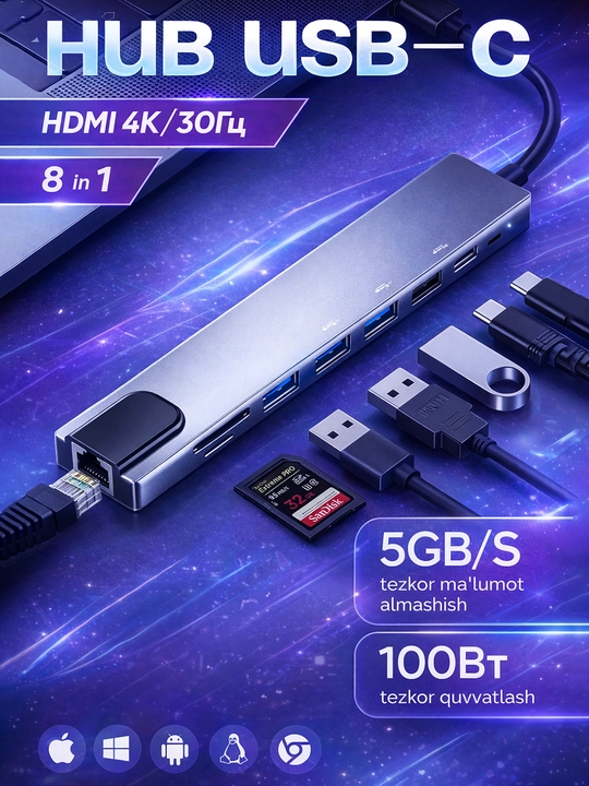 8 ta portli USB Type-C xab, Type C - USB Splitter, Rj45, HDMI, PD, MicroSD, SD - 