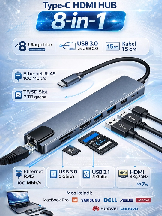 8 ta portli USB Type-C xab, Type C - USB Splitter, Rj45, HDMI, PD, MicroSD, SD