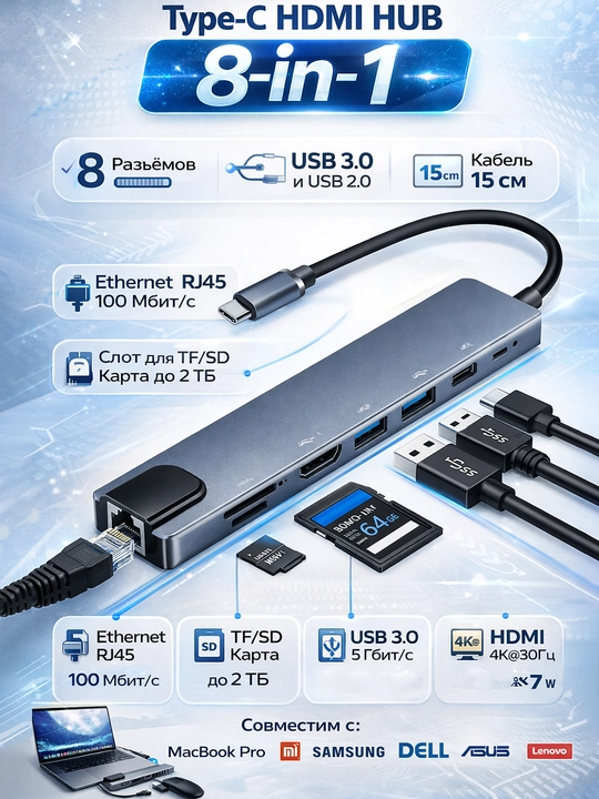 8 ta portli USB Type-C xab, Type C - USB Splitter, Rj45, HDMI, PD, MicroSD, SD