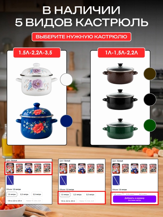 Набор кастрюль эмалированных с объемом 1.5, 2.2, 3.5 л