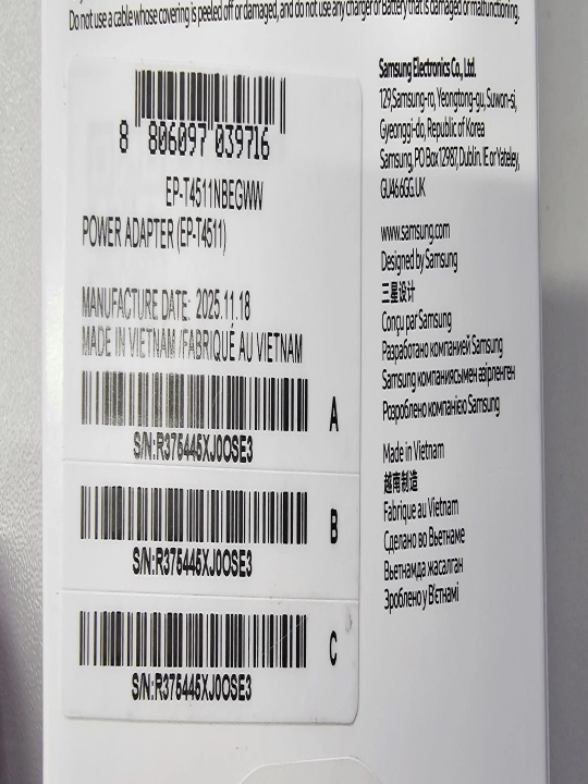 45W Samsung zaryadchik (ORG), adapter Type-C portli, Tezkor zaryadlash 2.0