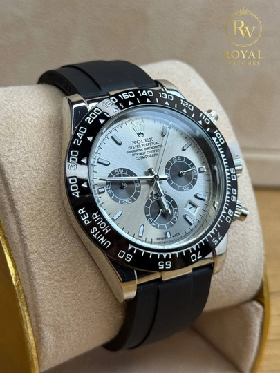 Мужские кварцевые часы с хронографом, сталь, каучуковый ремешок, подарочная упаковка — RWATCHS-RLXTACH-БЕЖМЕЛ