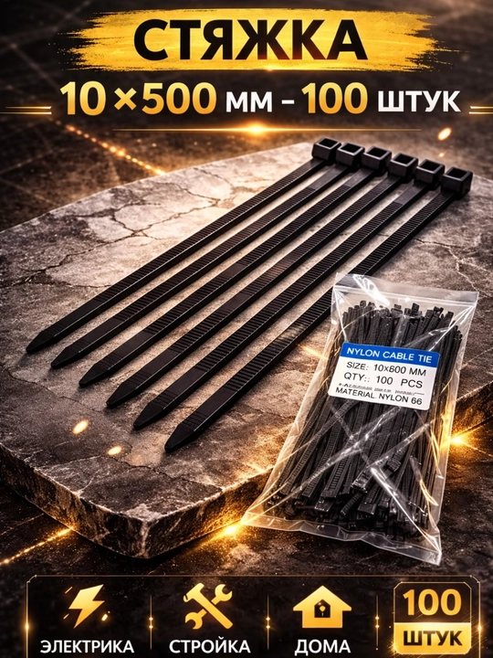 Kabellar uchun to‘plam: 10x500 mm o‘lchamdagi tortqichlar va 100 dona mahkamlagichlar - 