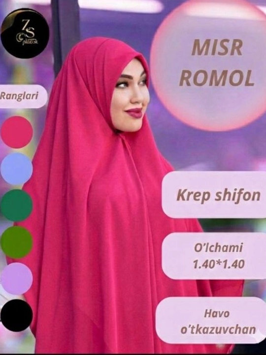 Shifon Misr romoli, razmer 140*140 sm, ayollar uchun romollar va sharflar, hijob