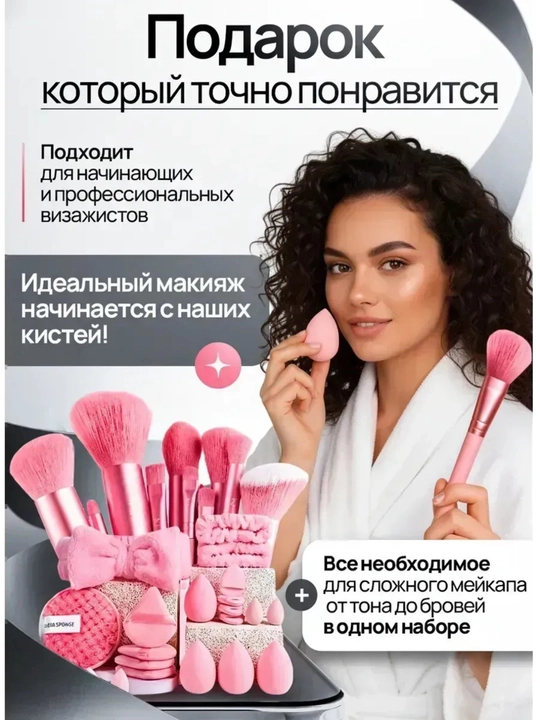 Набор кистей и спонж-губки для макияжа, набор из 33 штук (меховая косметичка в подарок)