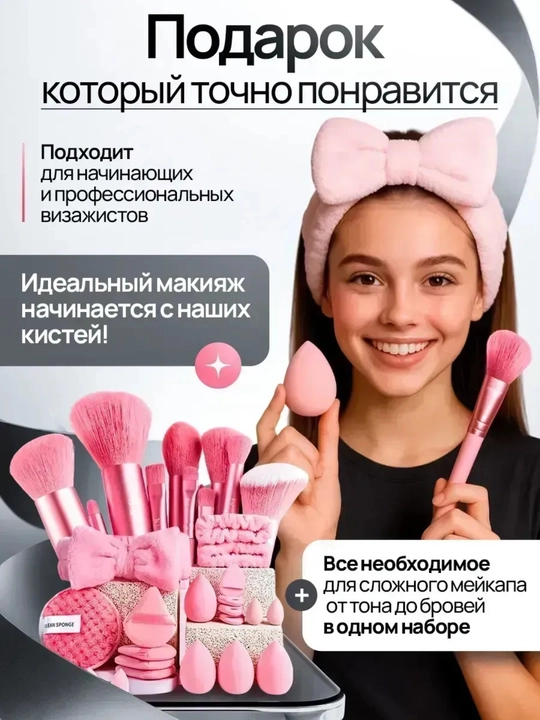 Набор кистей и спонж-губки для макияжа, набор из 33 штук (меховая косметичка в подарок)
