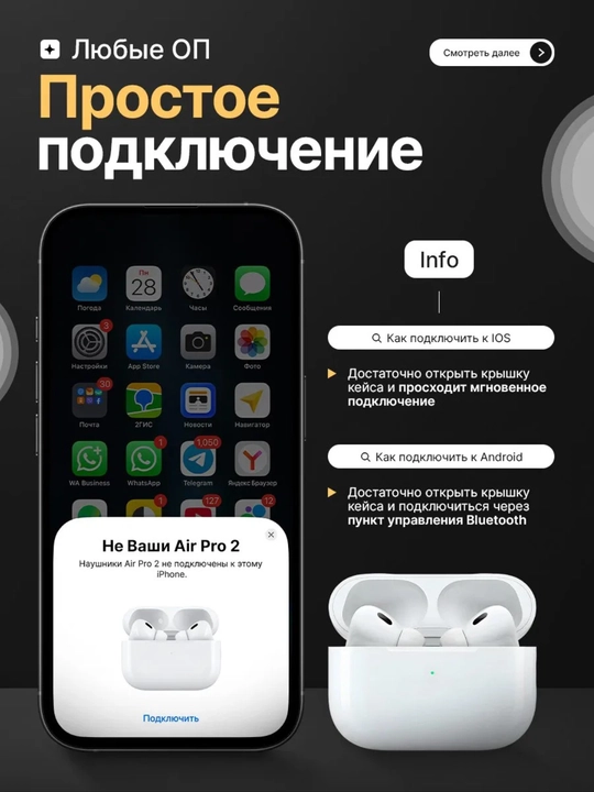 Simsiz quloqchinlar Pods Pro 2 , sensorli, iPhone va Android uchun naushnik