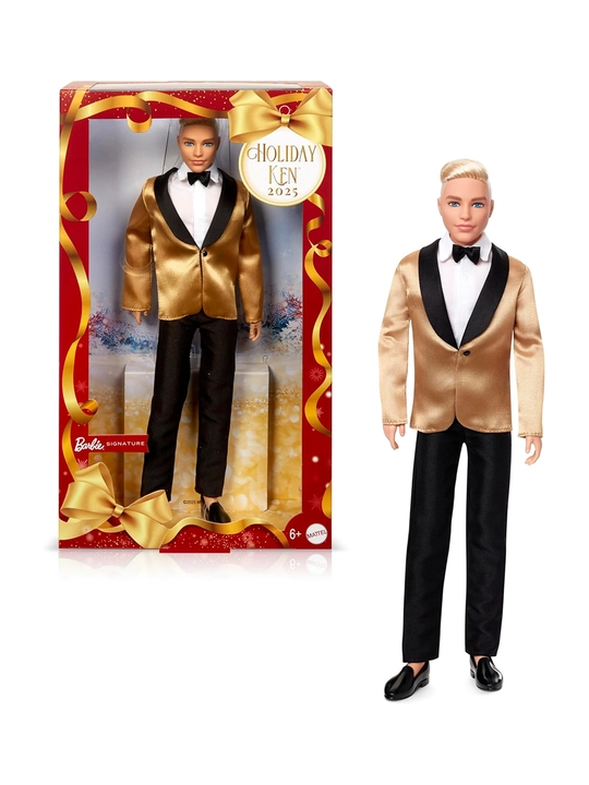 Barbie Signature 2025 Holiday Blonde Ken, oltin satin jaket, podstavka, COA, display box - 