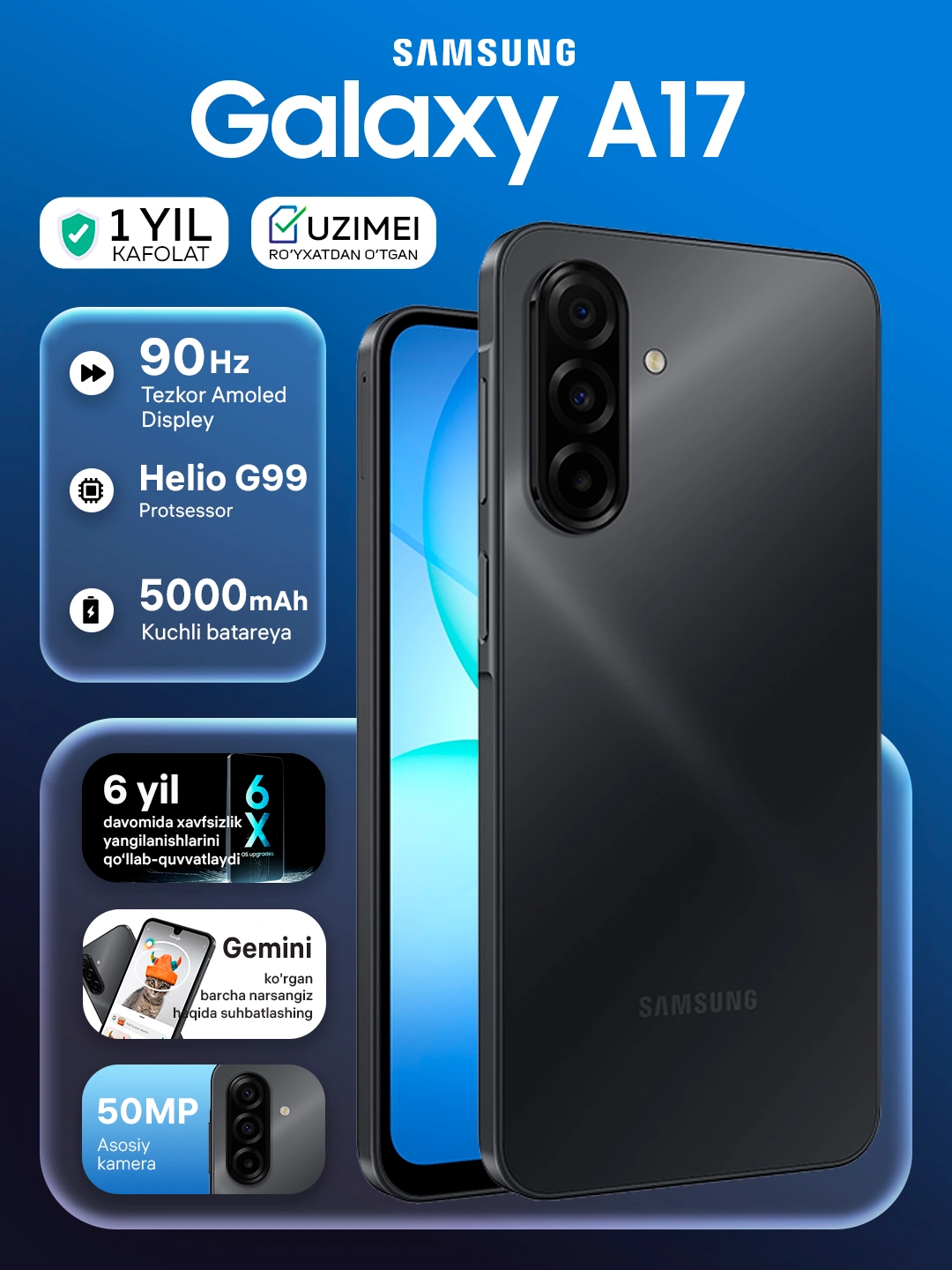 Смартфон Samsung Galaxy A17, 6.7" Super AMOLED 90Гц экран, камера 50Мп, 5000 мАч за 2345000 сум со скидкой 41%. Uzum Market