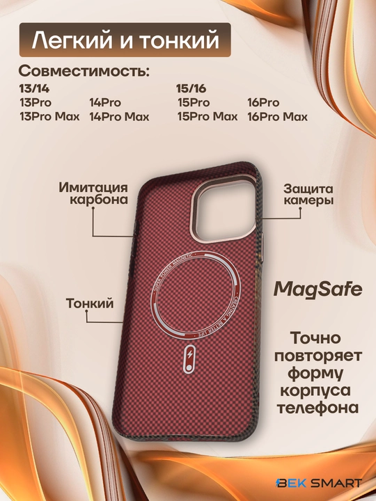 Чехол для iPhone 13, 14, 15, 16, 17 Pro, Max с MagSafe имитация карбона