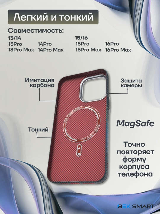 Чехол для iPhone 13, 14, 15, 16, 17 Pro, Max с MagSafe имитация карбона