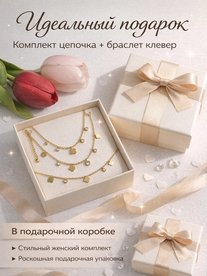 Золотистый комплект цепочка и браслет в коробке — подарок для девушки — VELBIJU-SEPBRASLET-ЗОЛХАКИ