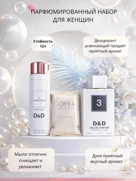Ayollar uchun sovg'alar toplami, parfum, parfum hidli dezodarant va parfulmangan sovunli - 