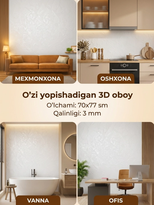 Samokleyka 3D aboylar devor uchun,  vanna va oshxona uchun xona bezaklari, oboylar