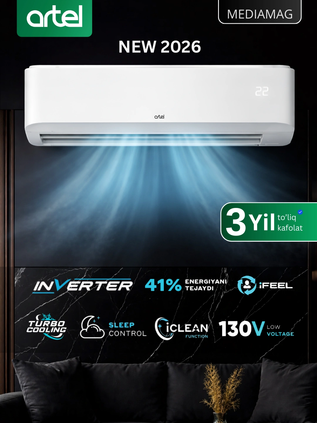 Кондиционер Artel Marvarid 12 V2 Inverter Turbo Cool, Зима/Лето за 3799000 сум со скидкой 35%. Uzum Market