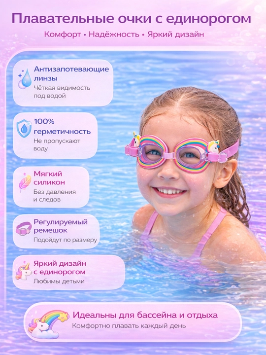 Детские очки для плавания — регулируемые, с антифог-покрытием, HD прозрачное зрение, силикон